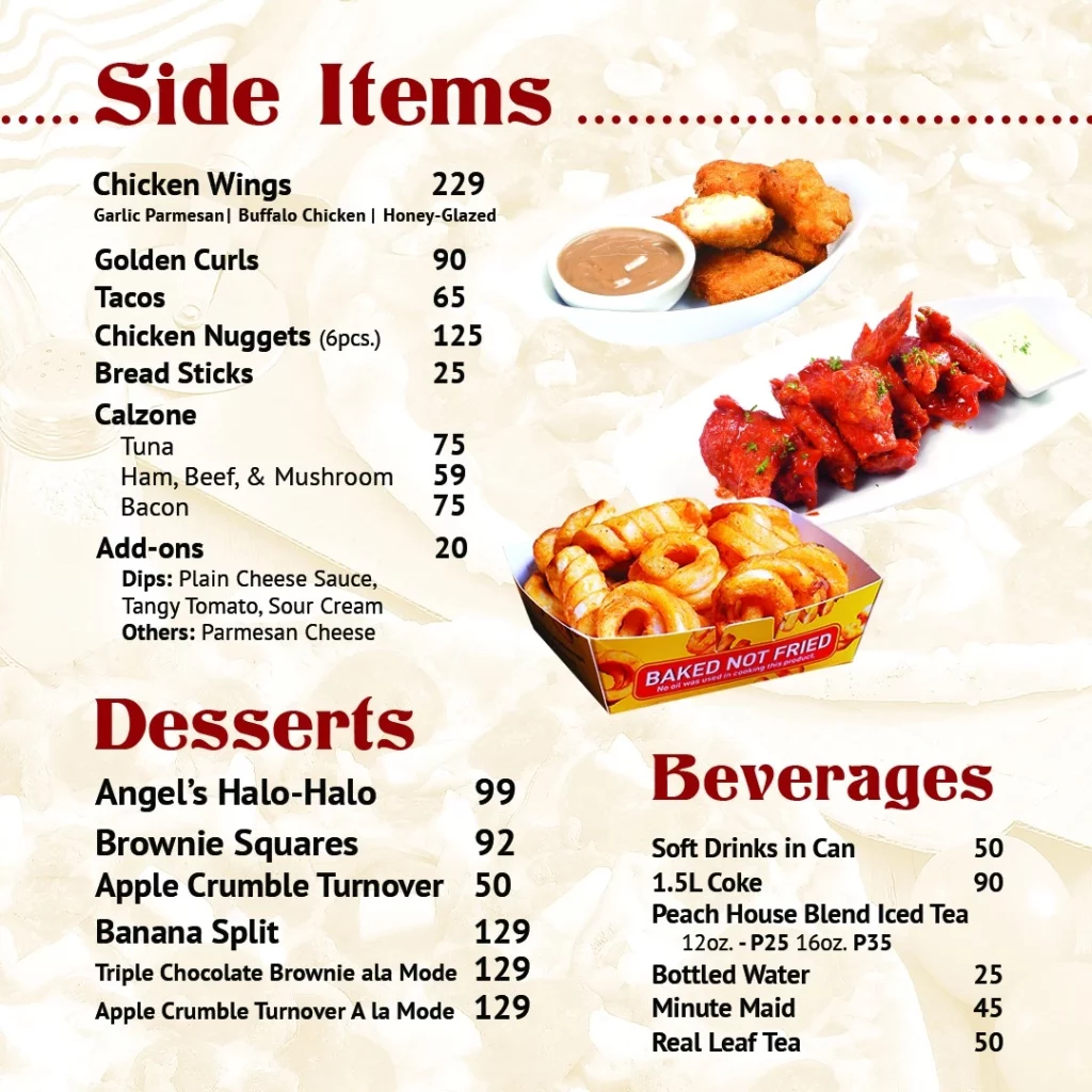 Angels pizza side items desserts & beverages prices