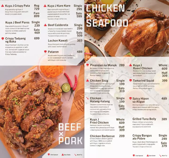Kuya j Chicken Seafood Beef pork menu