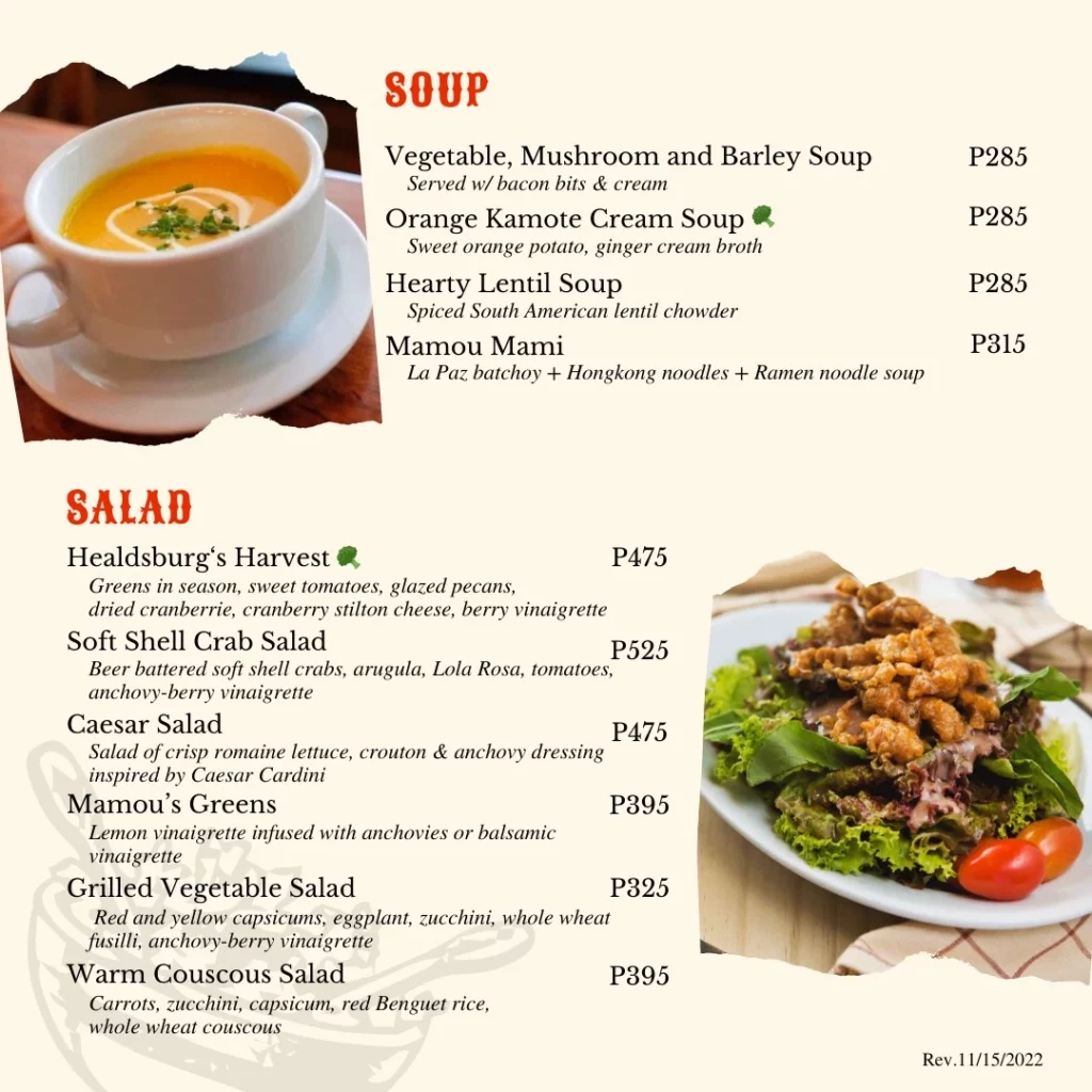 mamou salad & Soup menu