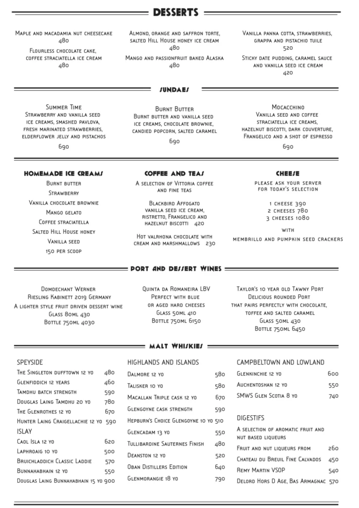 blackbird desserts menu