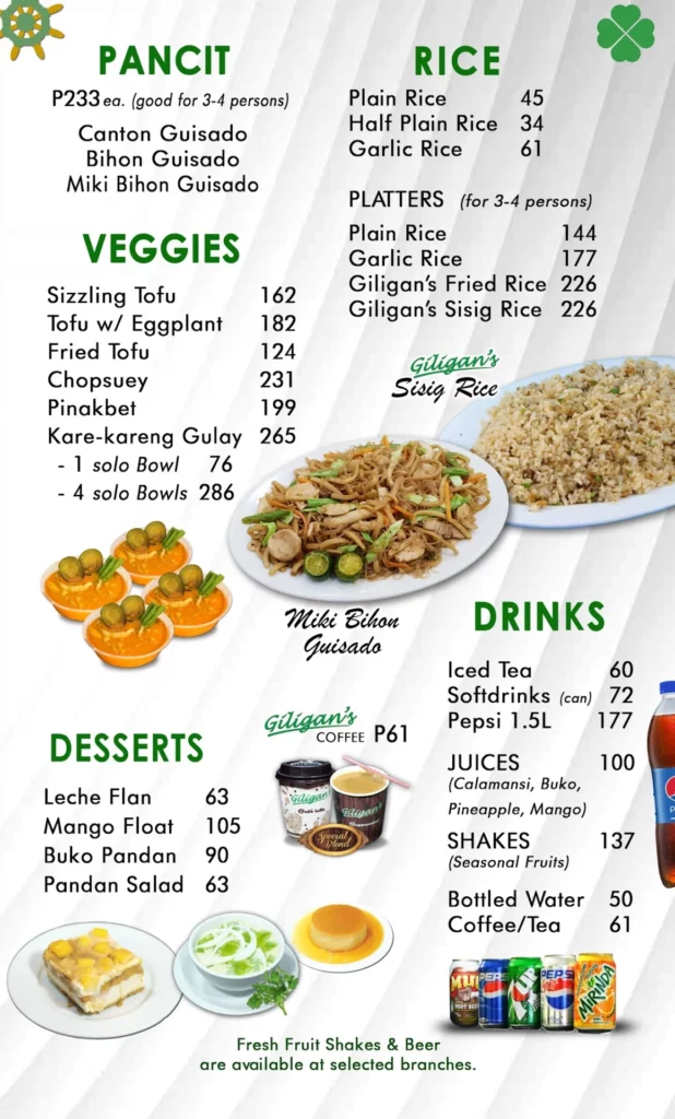 giligan's rice, veggies, pancit prices