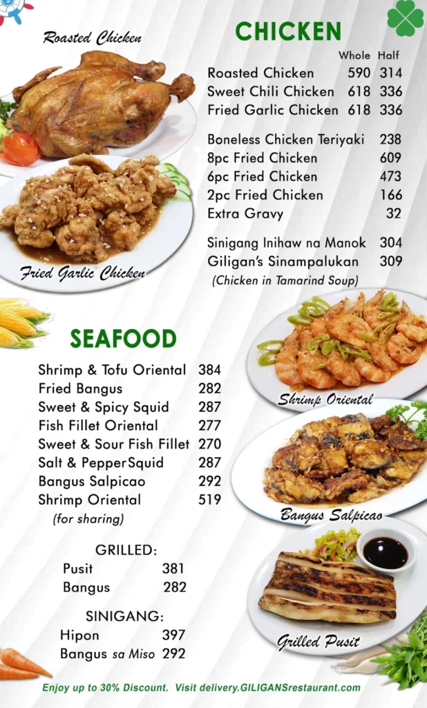 giligan's chicken and seafood menu